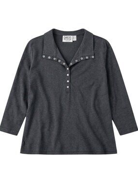 Chico’s Gray Oversized Long Sleeve Snap Collar Top Cozy Cotton